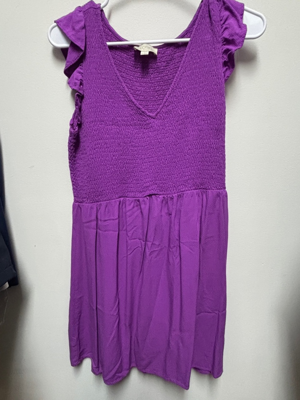 LOFT Purple V-Neck Smocked Ruffle Sleeve Dress